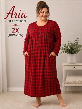 Aria Collection 2X Red Plaid Long Sleep Gown Soft Knit Pockets Plus Size